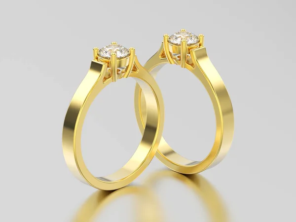 3D illustration two yellow gold solitaire engagement diamond rin — Stock Photo, Image