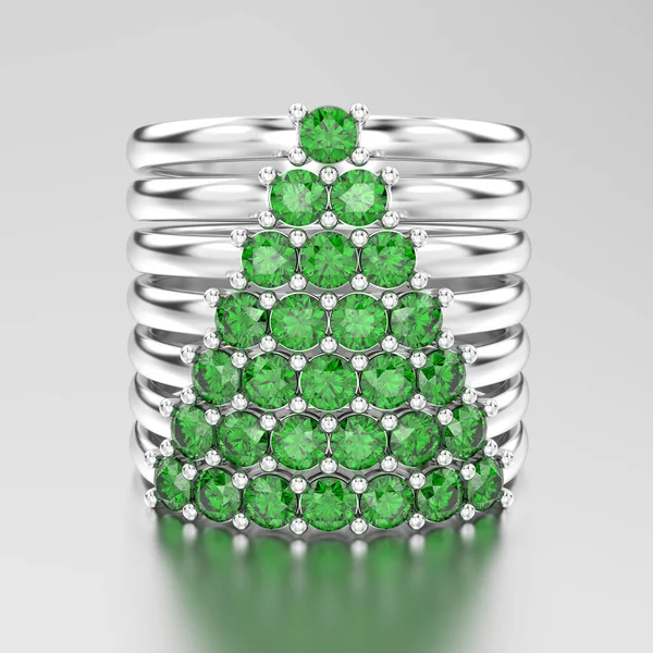 3D ilustracja białe złoto lub srebro ozdobny Diamentowe pierścienie z zielony szmaragd diamentów w formie drzewa hristmas — Zdjęcie stockowe