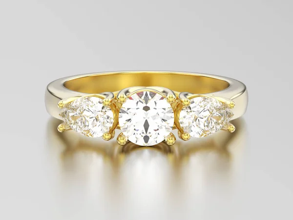 3D illustration yellow gold three stone diamond ring — Stock Photo, Image