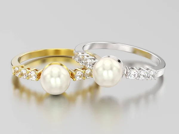 Illustrazione 3D due anelli di diamanti in oro giallo e bianco o argento — Foto Stock