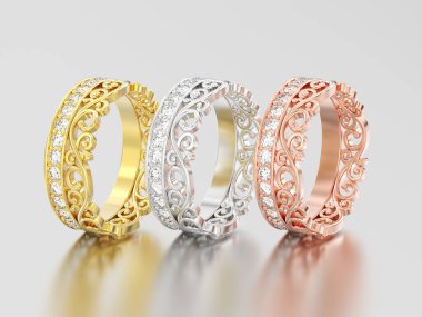 3D resimde üç farklı altın dekoratif taç diadem dia