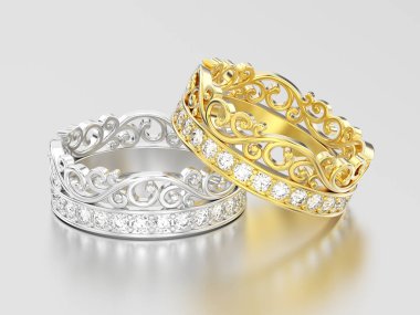 3D resimde iki sarı ve beyaz altın ya da gümüş dekoratif 