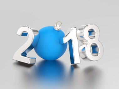 3D resimde yeni yıl 2018 gümüş numaraları ve mavi bir top 