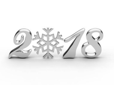 3D resimde yeni yıl 2018 beyaz altın veya gümüş gri bir arka plan üzerinde kar tanesi sayılarla