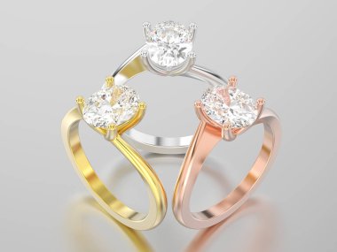 3D resimde üç Sarı Gül ve beyaz altın veya gümüş eng