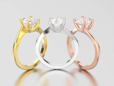 3D resimde üç Sarı Gül ve beyaz altın veya gümüş eng