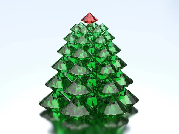 Ilustración 3D árbol de Navidad de diamantes verdes con una estrella roja —  Fotos de Stock
