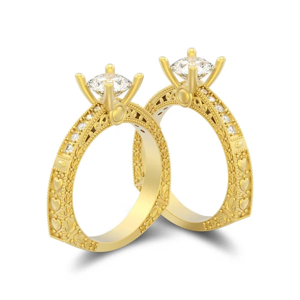 3d 그림 절연 된 두 개의 노란색 골드 장식 다이아몬드 반지 — 스톡 사진