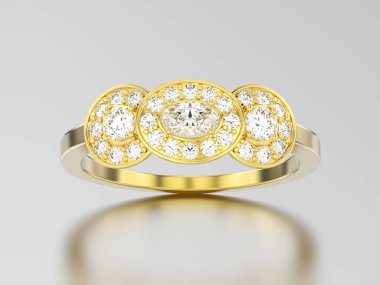 3D resimde sarı altın üç taş solitaire nişan rin