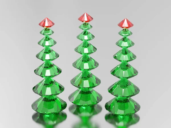 3D ілюстрація три зелених діамантових ялинки з червоним — стокове фото