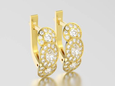 3D resimde sarı altın üç taş solitaire elmas earri