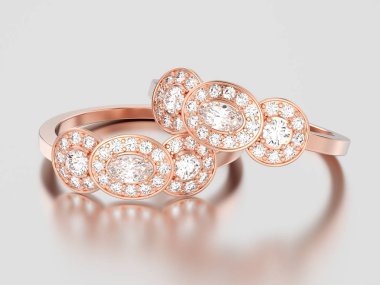 3D resimde iki altın üç taş solitaire nişan r gül