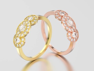 3D resimde iki gül ve sarı altın üç taş solitaire 