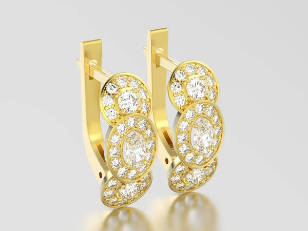3D illustration yellow gold three stone solitaire  diamond earri — Stock Photo, Image