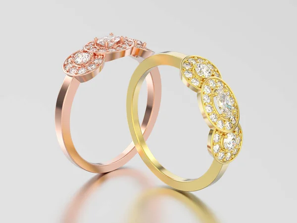 Illustrazione 3D due rosa e oro giallo tre solitario pietra — Foto Stock