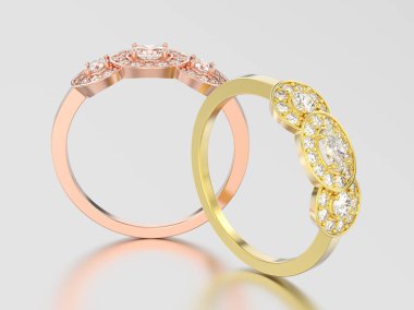 3D resimde iki gül ve sarı altın üç taş solitaire 