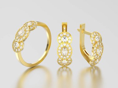 3D resimde sarı altın dekoratif pırlanta küpe w ayarla