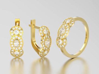 3D resimde sarı altın dekoratif pırlanta küpe w ayarla