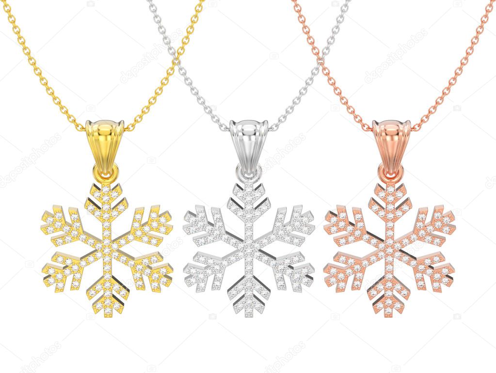 3D illustration isolated three rose, yellow and white gold diamo