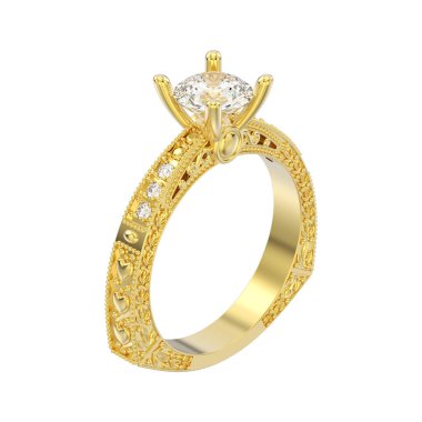 3D illüstrasyon izole sarı altın dekoratif pırlanta yüzük zekâ