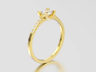 3D resimde sarı altın nişan yuvarlak kesim şekli yüzükle