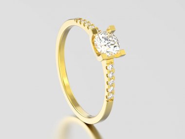 3D resimde sarı altın nişan yuvarlak kesim şekli yüzükle