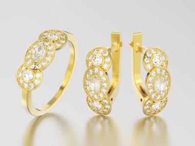 3D resimde sarı altın dekoratif pırlanta küpe w ayarla