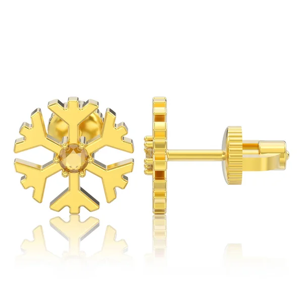 3D illustration isolated yellow gold diamond snowflake stud earr — Stock Photo, Image