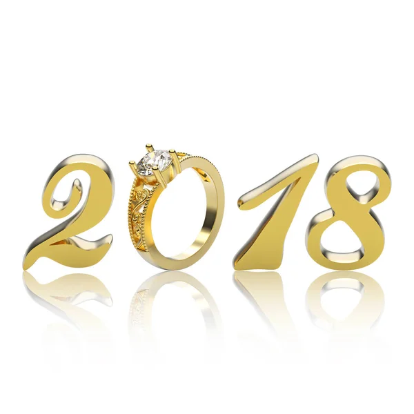 3D ilustracja nowy rok 2018 złote numery z pierścieniem diamentów — Zdjęcie stockowe