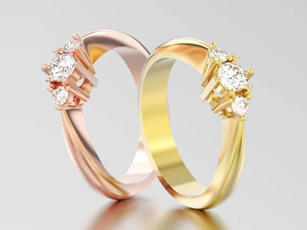 3D ilustracja dwa żółte i różowe złoto trzy kamień diament rin — Zdjęcie stockowe