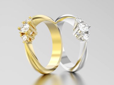 3D resimde iki sarı ve beyaz altın veya üç taşlı gümüş 