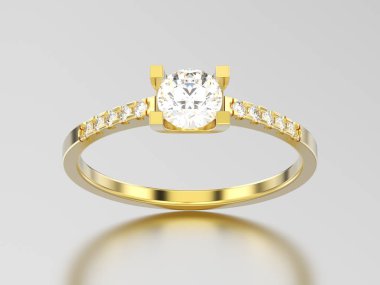 3D resimde sarı altın nişan yuvarlak kesim şekli yüzükle