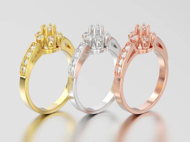 3D resimde üç Sarı Gül ve beyaz altın veya gümüş deco