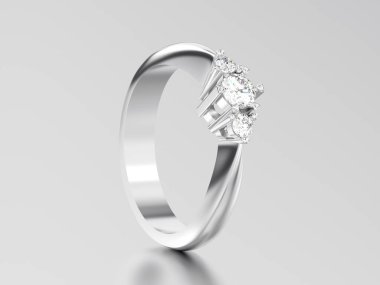 3D resimde beyaz altın veya gümüş üç taş elmas 