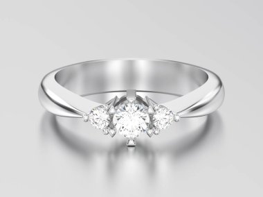 3D resimde beyaz altın veya gümüş üç taş elmas 