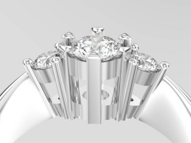 3D illüstrasyon kapatmak beyaz altın veya gümüş üç taş pırlanta yüzük 