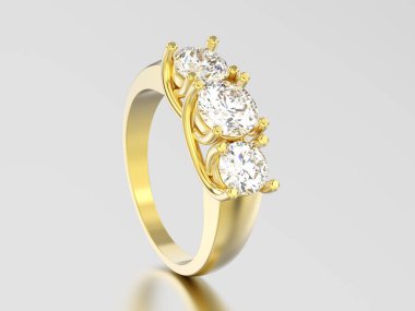 3D resimde sarı altın üç taş elmas