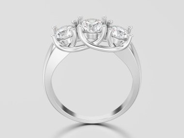 3D resimde beyaz altın veya gümüş üç taş elmas 