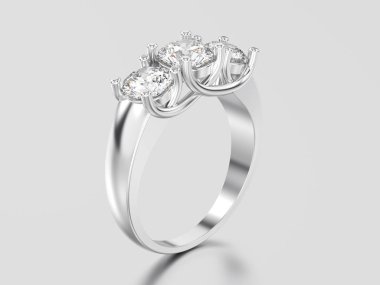 3D resimde beyaz altın veya gümüş üç taş elmas 