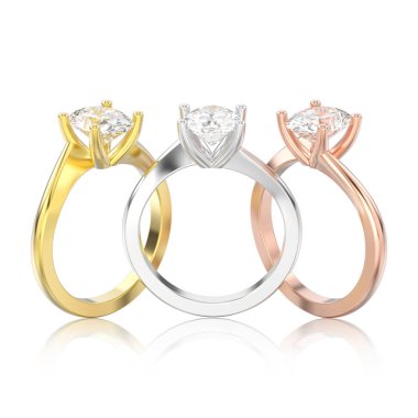 3D illüstrasyon izole üç sarı, gül ve beyaz altın veya si