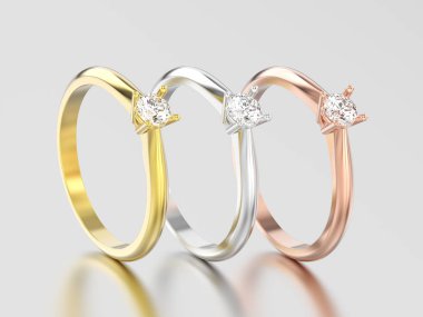 3D resimde üç gül, sarı ve beyaz altın veya gümüş trad