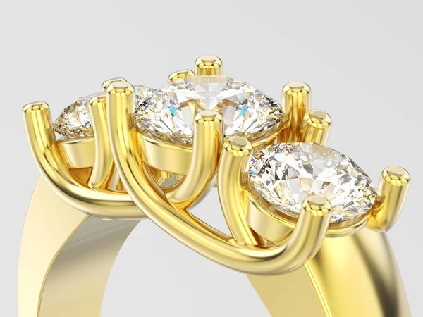 3D απεικόνιση κοντινό Κίτρινο χρυσό τρεις πέτρα διαμάντι δαχτυλίδι — Φωτογραφία Αρχείου