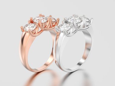 3D resimde iki gül ve beyaz altın veya gümüş üç taş d