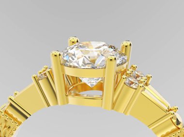 3D illüstrasyon kapatmak sarı altın solitaire nişan diamon kadar