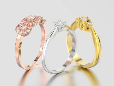 3D resimde üç farklı gül, sarı ve beyaz altın veya s