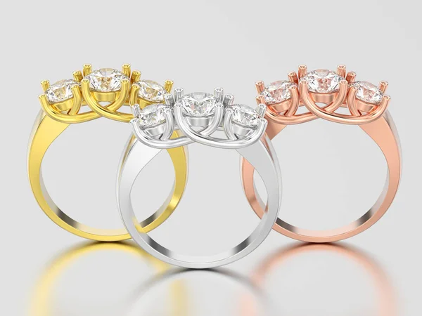 Ilustración 3D tres amarillo, rosa y oro blanco tres piedra di —  Fotos de Stock