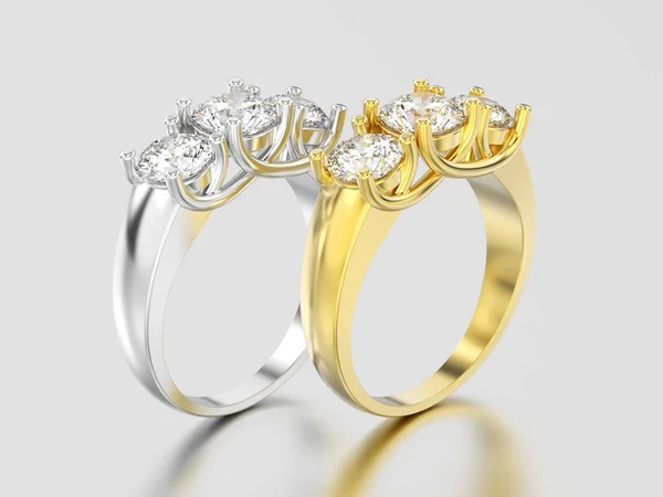 Ilustración 3D dos diamantes de tres piedras de oro amarillo y blanco r — Foto de Stock
