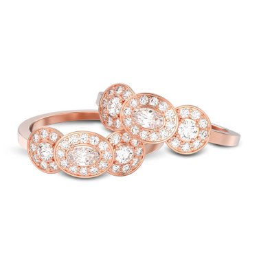 İki Gül altın üç taş solitaire eng 3D illüstrasyon izole