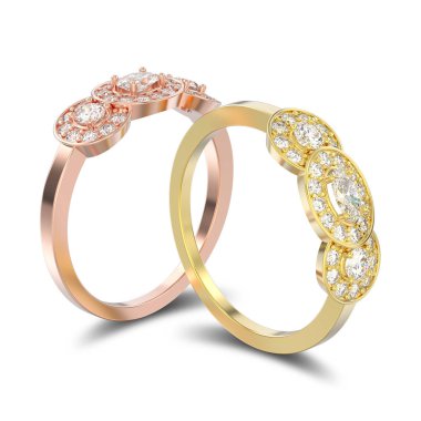 Yani iki gül ve sarı altın üç taş 3D illüstrasyon izole