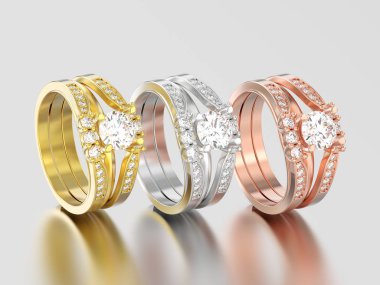 3D illüstrasyon üç Sarı Gül ve beyaz altın veya iki gümüş 